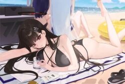 3girls ass beach beach_mat beach_towel beach_umbrella bikini black_hair black_halo black_sandals blue_archive breasts bright_pupils cooler day feet_up fieryonion fingernails glass hair_ornament hairclip halo highres innertube large_breasts legs_up long_fingernails long_hair lotion lying multiple_girls nail_polish noa_(blue_archive) on_stomach outdoors outstretched_arms pink_nails purple_hair red_eyes rio_(blue_archive) sandals sunscreen swim_ring swimsuit the_pose towel umbrella very_long_hair white_pupils yuuka_(blue_archive)