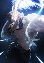 Rule 34 | 1boy, 1girl, abs, artemis (fate), belt, belt pouch, big nose, black pants, blue background, brown hair, closed mouth, cowboy shot, fate/grand order, fate (series), floating clothes, game cg, hands on another&#039;s face, hands up, i-iv (longman), male focus, medium hair, muscular, muscular male, official art, out of frame, outstretched arms, pants, parted lips, pectorals, pouch, sash, shoulder sash, smile, solo focus, super orion (fate), thick eyebrows, third-party source
