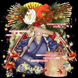1boy absurdres amatsumara_(housamo) bara beard commentary egasumi facial_hair flower goatee hakama hand_fan haori highres japanese_clothes kidomh63 kimono kine long_sideburns looking_at_viewer male_focus mallet mature_male muscular muscular_male old old_man open_mouth pectoral_cleavage pectorals scar scar_across_eye scar_on_face shimekazari short_hair sideburns simple_background smile solo teeth tokyo_houkago_summoners