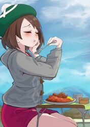 1girl :t absurdres blush buttons cable_knit cardigan closed_eyes closed_mouth cloud commentary_request curry day dress eating food from_side gloria_(pokemon) green_hat grey_cardigan hands_up hat highres hood hood_down hooded_cardigan nintendo outdoors plate pokemon pokemon_swsh sausage sitting sky solo table tam_o&#039;_shanter yy_abmo