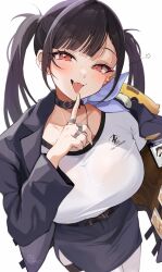 1girl belt black_belt black_choker black_hair blue_jacket blush bra_visible_through_clothes breasts choker goddess_of_victory:_nikke highres jacket jewelry large_breasts looking_at_viewer open_clothes open_jacket open_mouth pantyhose pukonuu red_eyes ring simple_background smile solo sora_(nikke) tongue tongue_out twintails white_background white_pantyhose