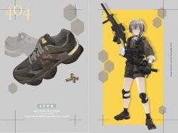 1girl absurdres artist_request black_socks brown_hair brown_jacket brown_necktie brown_shorts character_name chinese_commentary commentary_request copyright_name cross-laced_shoes english_text full_body girls&#039;_frontline girls&#039;_frontline_2:_exilium grey_background gun h&amp;k_ump highres holding holding_magazine_(weapon) jacket knee_pads leva_(girls&#039;_frontline_2) light_smile looking_at_viewer magazine_(weapon) necktie official_alternate_hair_length official_alternate_hairstyle one_eye_closed shell_casing shoes short_hair shorts simple_background sleeves_rolled_up smile sneakers socks solo standing striped_necktie submachine_gun suppressor tactical_clothes trigger_discipline two-tone_background ump45_(girls&#039;_frontline) walkie-talkie weapon weapon_name yellow_background