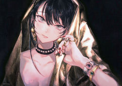 1girl black_hair bracelet choker grey_eyes head_tilt highres jewelry mole mole_under_eye original sanpaku ueno_zousui