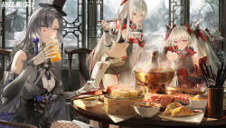 3girls alpha_(pgr) architecture artist_request asymmetrical_legwear bamboo_steamer bandeau blue_eyes bowl chair chinese_commentary chopsticks copyright_name cube_earrings east_asian_architecture facial_mark food gloves grey_hair hat heterochromia highres holding holding_bowl holding_chopsticks hotpot lattice lilith_(pgr) lucia:_crimson_weave_(pgr) luna:_oblivion_(pgr) luna_(pgr) meat multiple_girls navel official_art ponytail punishing:_gray_raven red_eyes second-party_source sitting snow spade_(shape) spade_facial_mark spoon stomach table top_hat twintails white_gloves white_hair winter