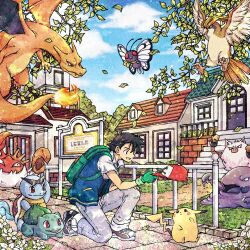 1boy ash_ketchum backpack bag baseball_cap bird black_hair black_shoes blue_vest brick_wall bug building bulbasaur butterfly butterfree charizard collared_shirt commentary_request crab creature dragon falling_leaves fire flame-tipped_tail flower full_body gen_1_pokemon gloves grass green_bag green_gloves grey_pants hair_between_eyes hat highres holding holding_unworn_clothes holding_unworn_hat insect krabby leaf muk nintendo on_one_knee open_mouth outdoors pants pidgeotto pikachu pokemon pokemon_(anime) pokemon_(classic_anime) pokemon_(creature) primeape red_hat shirt shoes short_hair slime_(creature) smile sneakers squirtle stairs tail tears toriga unworn_hat unworn_headwear vest white_flower white_shirt