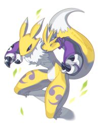 Rule 34 | black sclera, blue eyes, body fur, colored sclera, confeito000 333, cowboy shot, digimon, digimon (creature), digimon tamers, highres, kitsune, looking at viewer, renamon, simple background, solo, white background, yellow fur, yellow tail