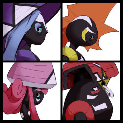 artist_request blue_hair cover_parody demon_days_(gorillaz) gen_7_pokemon gorillaz legendary_pokemon nintendo no_humans parody pink_hair pokemon pokemon_(creature) pokemon_sm style_parody tagme tapu_bulu tapu_fini tapu_koko tapu_lele white_background white_eyes