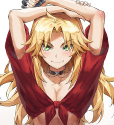 1girl black_choker blonde_hair breasts choker cleavage collarbone fate/grand_order fate_(series) fingernails highres long_hair looking_at_viewer medium_breasts mordred_(fate) mordred_(fate/apocrypha) red_shirt shirt simple_background smile solo tied_shirt tonee upper_body white_background