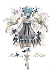 1girl aqua_eyes aqua_hair bare_shoulders black_butterfly blue_butterfly bow bug butterfly character_name dress flower full_body green_eyes green_hair hair_flower hair_ornament hatsune_miku highres iggy.m insect looking_at_viewer sleeveless sleeveless_dress smile solo striped_clothes tattoo thighhighs twintails vertical-striped_clothes white_background wrist_cuffs