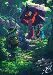 3girls absurdres backpack bag black_hat black_shirt blue_eyes blue_hair blue_jumpsuit blue_shorts blue_vest brown_gloves commission doggo_1d34 eyeball gloves grass green_eyes green_hair green_hat green_skirt hat hat_ribbon headlamp heart heart_of_string heterochromia highres jacket juliet_sleeves jumpsuit kawashiro_nitori komeiji_koishi lantern long_sleeves multiple_girls outdoors puffy_sleeves purple_umbrella red_eyes ribbon sandals shirt shorts skeb_commission skirt tatara_kogasa third_eye tongue tongue_out touhou tree umbrella vest white_shirt yellow_jacket yellow_ribbon