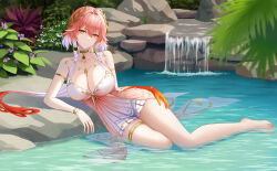 1girl absurdres armlet bare_legs bare_shoulders barefoot body_markings braid breasts changli_(laurel_nymph)_(wuthering_waves) changli_(wuthering_waves) cleavage closed_mouth collarbone colored_extremities commentary_request dress feather_hair feet frozen-sad gradient_clothes gradient_dress hair_extensions hand_on_own_thigh head_wreath highres jewelry large_breasts legs long_hair looking_at_viewer multicolored_hair official_alternate_costume orange_eyes pink_hair red_dress red_hands ring_hair_extensions smile solo thighlet thighs toes twin_braids two-tone_hair very_long_hair white_dress white_hair wuthering_waves