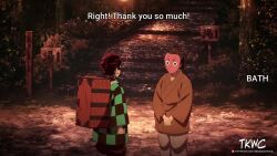 animated anime_screenshot blue_kimono bouncing_breasts braid braided_ponytail breasts brown_hair checkered_clothes feet green_eyes green_hair japanese_clothes kamado_tanjirou kanroji_mitsuri kimono large_breasts multicolored_hair nipples pink_hair red_robe robe running sandals scar scar_on_face scar_on_forehead tagme tearing_up third-party_edit toes video wooden_box