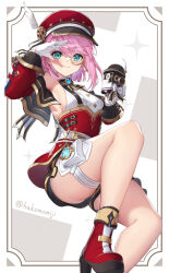 1girl absurdres ass belt black_shorts blue_brooch blue_gemstone breasts cabbie_hat camera charlotte_(genshin_impact) closed_mouth corset cross-laced_clothes cross-laced_sleeves detached_sleeves from_below gem genshin_impact gloves green_eyes hako_momiji hat hat_feather high_heels highres holding holding_camera inset_border knee_up looking_at_viewer medium_breasts monocle pink_hair puffy_detached_sleeves puffy_sleeves red_corset red_hat red_shoes red_sleeves shirt shoes short_hair shorts sideboob smile solo vision_(genshin_impact) white_belt white_gloves white_shirt