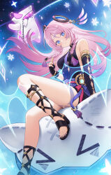 1girl armpit_crease bare_shoulders black_gloves black_sandals blue_eyes blush bracelet breasts citlali_(genshin_impact) closed_mouth detached_sleeves dress feet fingerless_gloves floating_hair foot_out_of_frame fukuro_daizi genshin_impact gladiator_sandals gloves gold_trim hair_between_eyes hair_ornament highres impossible_clothes impossible_dress jewelry knee_up legs long_hair looking_at_viewer medium_breasts nail_polish paid_reward_available pink_hair sandals short_dress single_detached_sleeve sitting sleeveless sleeveless_dress solo thighs toenail_polish toenails toes very_long_hair