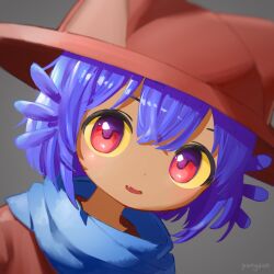 1other animal_hat blue_scarf bob_cut brown_hat brown_shirt cat_hat colored_sclera dark_skin double-parted_bangs dutch_angle eyebrows_hidden_by_hair fang grey_background hair_between_eyes hashtag-only_commentary hat highres looking_at_viewer niko_(oneshot) oneshot_(game) open_mouth other_focus portrait pungsun purple_hair red_eyes scarf shirt short_hair simple_background smile solo yellow_sclera