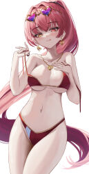 1girl absurdres bikini breasts cleavage earrings eyewear_on_head heart heart-shaped_eyewear heart_earrings heart_necklace heterochromia highres hololive houshou_marine houshou_marine_(summer) jewelry large_breasts long_hair looking_at_viewer navel necklace official_alternate_costume official_alternate_hairstyle onzzy ponytail red_bikini red_eyes red_hair simple_background solo sunglasses swimsuit virtual_youtuber white_background yellow_eyes