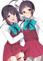 2girls ahoge aqua_bow aqua_bowtie asymmetrical_bangs black_hair bow bowtie collared_shirt cowboy_shot cut_bangs dress dress_shirt fujinami_(kancolle) grey_pantyhose grey_thighhighs hayanami_(kancolle) highres kantai_collection long_hair long_sleeves multiple_girls pantyhose purple_dress ribbon school_uniform seamed_legwear shirt short_hair side-seamed_legwear side_ponytail simple_background thighhighs tirasi_(so) white_background white_ribbon white_shirt yellow_eyes