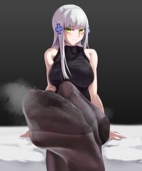 Rule 34 | 1girl, absurdres, feet, foot focus, girls&#039; frontline, grey hair, highres, hk416 (girls&#039; frontline), light blush, long hair, looking at viewer, pantyhose, ponytail, pov, soles, steam, toes, white hair, yellow eyes, zsd200199