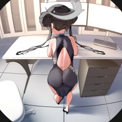 1girl ass back back_bow bare_shoulders barefoot black_dress black_hair blue_archive bow bun_with_braided_base china_dress chinese_clothes double_bun dragon_print dress from_behind grey_halo hair_bun halo highres indoors kisaki_(blue_archive) long_hair semimarusemi sleeveless sleeveless_dress table twintails