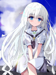 1girl ascot black_ascot blue_eyes blunt_ends blush closed_mouth cloud commentary_request cowboy_shot day floating_hair hair_between_eyes hair_ribbon highres long_hair looking_at_viewer miniskirt naruse_shiroha outdoors pink_ribbon puffy_short_sleeves puffy_sleeves ribbon s14007 sailor_collar school_uniform serafuku shirt short_sleeves sitting skirt smile solo split_mouth summer_pockets summer_pockets_school_uniform v_arms very_long_hair white_hair white_sailor_collar white_serafuku white_shirt white_skirt