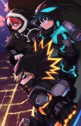 3boys :/ aircraft alternate_eye_color aqua_eyes aqua_hair arm_on_knee badge bakugou_katsuki belt belt_pouch black_belt black_bodysuit black_gloves black_mask black_pants blonde_hair blue_gloves bodysuit boku_no_hero_academia buckle burn_scar chiyaya city_lights clenched_hand clothing_request container covered_mouth elbow_pads evening eye_mask eyebrows_hidden_by_hair fingerless_gloves freckles from_side gloves glowing glowing_bodysuit glowing_clothes gradient_sky grey_eyes hair_between_eyes hand_up heterochromia high_collar highres hood hood_up hooded_bodysuit knee_pads leaning_forward light light_rays long_sleeves looking_afar looking_ahead looking_at_viewer male_focus midoriya_izuku multicolored_hair multiple_boys neon_trim official_alternate_costume orange_eyes orange_gloves outdoors outstretched_arm pants parted_lips pink_clouds pouch profile purple_sky red_hair scar scar_on_face short_hair sideways_glance sideways_mouth sky snap-fit_buckle spiked_hair split-color_hair squatting straight_hair thigh_pouch thigh_strap todoroki_shouto two-tone_hair urban utility_belt v-shaped_eyebrows white_hair