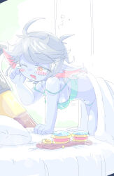 1girl all_fours bed blue_skin blush bra breasts colored_skin dot_nose eyebrows eyelashes fang feet_out_of_frame female_focus from_side goggles green_background green_bra green_panties kayo!!_(gotoran) league_of_legends looking_afar medium_breasts on_bed one_eye_closed open_mouth panties pointy_ears short_hair shortstack simple_background solo strap_lift tristana_(league_of_legends) two-tone_background underwear underwear_only unworn_goggles white_background white_hair yawning yellow_eyes yordle