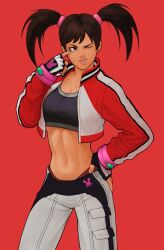 Rule 34 | 1girl, :p, ;p, bracelet, fingerless gloves, gloves, highres, jacket, jewelry, lebrechau, ling xiaoyu, midriff, one eye closed, open clothes, open jacket, pants, ponytail, red background, red jacket, side ponytail, simple background, solo, tekken, tekken 4, tongue, tongue out, upper body, white pants