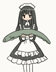 1girl animal animated animated_gif apron black_dress black_hair dress electric_eel electricity electrocution frilled_apron frilled_dress frilled_headwear frills highres holding holding_animal long_hair looking_at_viewer looping_animation maid maid_apron maid_headdress original skeleton solo susu_(mikufanclub) white_apron white_headdress x-ray_vision
