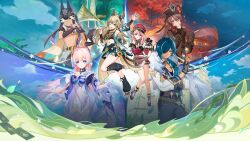 2boys 4girls absurdres ahoge animal_ears animal_hat arm_up bird black_gloves black_headwear black_nails blue_hair bow brown_hair card charlotte_(genshin_impact) cloud cyno_(genshin_impact) dark-skinned_male dark_skin dice eyepatch fingerless_gloves fingernails flower genius_invokation_tcg genshin_impact gloves hair_ornament hair_over_one_eye hairclip hat highres holding holding_card hu_tao_(genshin_impact) kaeya_(genshin_impact) kirara_(genshin_impact) leaf logo long_hair multicolored_hair multiple_boys multiple_girls official_art one_eye_closed open_mouth outdoors petals pink_hair sangonomiya_kokomi sky tail twintails vision_(genshin_impact) white_gloves white_hair