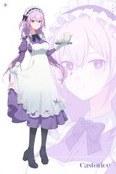 1girl apron artist_name black_shoes breasts castorice_(honkai:_star_rail) commentary_request dress helawid highres holding holding_plate honkai:_star_rail honkai_(series) long_dress long_hair looking_at_viewer maid maid_apron maid_headdress medium_breasts plate pointy_ears purple_dress purple_eyes purple_hair shoes smile teapot white_apron zoom_layer