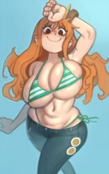1girl :&gt; bikini bikini_under_clothes blue_background blue_jeans blue_pants blue_tattoo bouncing_breasts bracelet breasts brown_eyes closed_mouth curvy denim female_focus green_bikini highleg highleg_bikini highres huge_breasts jeans jewelry kelvin_hiu large_breasts long_hair looking_at_viewer nami_(one_piece) nami_(one_piece)_(return_to_sabaody) navel one_piece orange_hair pants shiny_skin shoulder_tattoo side-tie_bikini_bottom simple_background skindentation smile solo swimsuit tattoo thong thong_bikini wide_hips