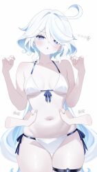 ...? 1girl absurdres ahoge bare_shoulders belly_rub bikini blue_eyes blue_hair blue_pupils blush breasts breasts_apart chestnut_mouth collarbone commentary_request disembodied_hand drop-shaped_pupils fuminshou_(nekopan_art) furina_(genshin_impact) genshin_impact hair_between_eyes hands_up heterochromia highres looking_at_viewer medium_breasts medium_hair multicolored_hair navel side-tie_bikini_bottom simple_background solo_focus stomach streaked_hair swimsuit symbol-shaped_pupils thigh_strap white_background white_bikini white_hair