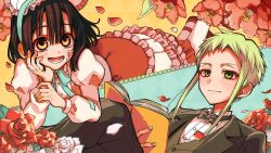 Rule 34 | 1boy, 1girl, black hair, blush, book, brown eyes, eyecatch, fingernails, flower, formal clothes, frills, genderswap, genderswap (ftm), genderswap (mtf), green eyes, green hair, hanako (jibaku shounen hanako-kun), headdress, highres, holding, holding book, jibaku shounen hanako-kun, long sleeves, looking at viewer, nanamine sakura, necktie, official art, open mouth, petals, red flower, red rose, ribbon, rose, short hair, smile, suit, teeth