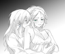 Rule 34 | 1boy, 1girl, bare arms, bare shoulders, big egg526, blue eyes, braid, breasts, cleavage, couple, crown braid, earrings, gradient background, green eyes, hair between eyes, hetero, highres, hug, hug from behind, jewelry, lingerie, link, long hair, long sleeves, looking at another, medium breasts, negligee, nintendo, parted bangs, parted lips, pointy ears, princess zelda, short hair, sidelocks, the legend of zelda, the legend of zelda: tears of the kingdom, thick eyebrows, underwear, upper body