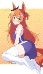 1girl animal_ears bare_arms bare_shoulders blue_one-piece_swimsuit blush closed_mouth flying_sweatdrops full_body hair_between_eyes highres horse_ears horse_girl horse_tail long_hair mayano_top_gun_(umamusume) nel-c one-piece_swimsuit orange_eyes orange_hair solo swimsuit tail thighhighs tracen_swimsuit umamusume white_thighhighs