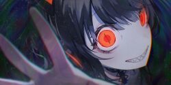 1girl absurdres arm_up black_choker black_hair blurry choker chromatic_aberration close-up collar crazy_eyes game_cg glowing grin headphones highres horns looking_at_viewer looking_to_the_side looking_up mahou_shoujo_no_majo_saiban non-web_source official_art orange_eyes portrait reaching sawatari_koko sharp_teeth shirt short_hair slit_pupils smile solo spiked_collar spikes teeth umemaro_(siona0908)