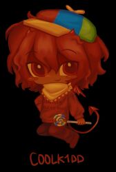 1boy bandana bandana_around_neck black_background blush_stickers c00lkidd_(roblox) candy chibi chibi_only child dark_skin demon_horns demon_tail demon_wings english_text food forsaken_(roblox) fuziyams hat highres holding holding_candy holding_food holding_lollipop horns humanization lollipop medium_hair mini_wings propeller_hat red_eyes red_hair red_sweater roblox simple_background small_horns smile sweater tail white_bandana wings