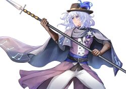 Rule 34 | &gt;:(, 1boy, absurdres, belt, black belt, black cape, black hat, blue sash, brown gloves, brynn (sorenjerr), cape, chinnpou, commentary, commission, commissioner upload, cowboy shot, english commentary, gloves, grey hair, hat, hat feather, highres, holding, holding polearm, holding weapon, male focus, musical note, musical note print, non-web source, one side up, original, pants, polearm, purple eyes, sash, short hair, solo, spear, standing, star (symbol), v-shaped eyebrows, weapon, white pants