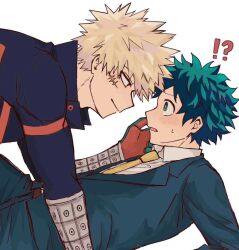 !? 2boys bakugou_katsuki black_shirt blonde_hair blue_jacket blue_pants blue_suit blush boku_no_hero_academia closed_mouth collared_shirt commentary_request eye_contact facial_scar formal_clothes gloves green_eyes green_hair hand_on_another&#039;s_face ice_0377 jacket lapels leaning_back long_sleeves looking_at_another male_focus midoriya_izuku multicolored_gloves multiple_boys necktie notched_lapels open_mouth pants popped_collar profile scar scar_on_cheek scar_on_face shirt short_hair simple_background smile spiked_hair suit suit_jacket superhero_costume sweatdrop upper_body white_background white_shirt wing_collar yaoi yellow_necktie