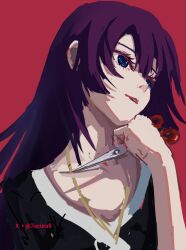 1girl 7acura8 absurdres bakemonogatari blue_eyes hand_on_own_chin heart heart_necklace highres holding holding_scissors jewelry long_hair looking_to_the_side monogatari_(series) necklace purple_hair scissors senjougahara_hitagi solo twitter_username