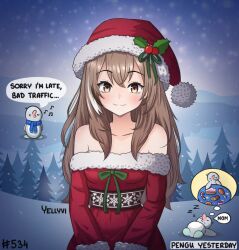 1girl bird brown_eyes brown_hair closed_mouth dreaming dress fur-trimmed_dress fur-trimmed_headwear fur_trim green_ribbon hat hololive hololive_english long_hair looking_at_viewer multicolored_hair musical_note nanashi_mumei off-shoulder_dress off_shoulder outdoors penguin red_dress red_hat ribbon santa_costume santa_dress santa_hat snow snowing solo speech_bubble thought_bubble tree virtual_youtuber white_hair yellyvi