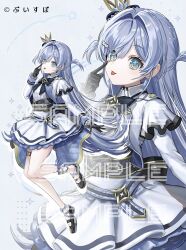 1girl black_bow black_bowtie black_gloves black_shoes blue_hair bow bowtie closed_mouth crown full_body gawako gloves highres jacket long_hair long_sleeves looking_at_viewer mini_crown official_art open_clothes open_jacket sample_watermark shirt shoes skirt tongue tongue_out virtual_youtuber vspo! watermark white_jacket white_shirt white_skirt yano_kuromu zoom_layer