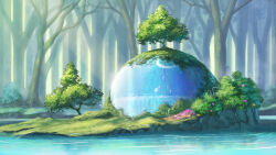 bare_tree bush day fantasy flower forest grass highres lake light_rays moss nature no_humans original outdoors pink_flower plant pond reflection rock scenery sunlight tree water yamakou_(yamakou_e2)