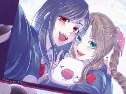 2girls aerith_gainsborough arm_around_shoulder black_hair black_nails blue_jacket braid braided_ponytail brown_hair collared_shirt final_fantasy final_fantasy_vii green_eyes highres holding holding_stuffed_toy inu_tokage jacket long_hair looking_at_viewer moogle multiple_girls nail_polish necktie official_alternate_costume open_mouth parted_bangs red_eyes red_necktie school_uniform selfie shirt sidelocks single_braid smile stuffed_animal stuffed_toy taking_picture tifa_lockhart twitter_username white_shirt
