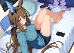 1girl admire_vega_(umamusume) animal_ears barefoot bed_sheet black_shorts blue_sweater breasts brown_hair commentary_request ear_covers hair_between_eyes horse_ears horse_girl horse_tail indoors jewelry knees_up large_breasts long_hair looking_at_viewer low_ponytail necklace on_bed pearl_necklace phone ponytail purple_eyes school_uniform short_shorts shorts single_ear_cover solo starheart sweater tail thighs toes tracen_school_uniform umamusume unworn_clothes