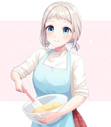 Rule 34 | 1girl, apron, blue eyes, bowl, commentary request, cooking, dough, gakuen idolmaster, grey hair, hair ribbon, highres, holding, holding bowl, holding spatula, idolmaster, katsuragi lilja, looking at viewer, low twintails, mixing, musical note, nmtk 413, plaid clothes, plaid skirt, ribbon, short hair, skirt, sleeves rolled up, smile, solo, spatula, spoken musical note, twintails