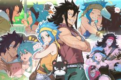 1boy 1girl black_dress black_hair black_headband blue_hair blush breasts brown_eyes brown_vest cleavage couple cowboy_shot dress ear_piercing eyebrow_piercing face_piercing fairy_tail feeding gajeel_redfox hairband headband heart hetero highres holding holding_plectrum hug levy_mcgarden light_blue_hair long_hair looking_at_viewer nose_piercing on_bed pantherlily piercing plectrum print_headband qin_(7833198) reading red_headband scar short_hair small_breasts spaghetti_strap speech_bubble spiked_hair sword thought_bubble topless_female vest weapon white_headband yellow_hairband yellow_vest