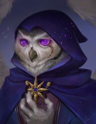 1boy beak blue_cloak blue_hood cloak furry furry_male grey_fur highres hood hooded_cloak kueshka looking_at_viewer original owl_boy purple_eyes signature solo upper_body wizard