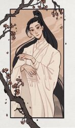 1boy black_border black_eyes black_hair border chinese_clothes chu_wanning closed_mouth commentary day erha_he_tadebai_mao_shizun expressionless eyeshadow flower hands_up hanfu high_ponytail highres layered_clothes layered_sleeves limited_palette long_hair long_sleeves looking_at_viewer makeup male_focus outside_border pink_flower pink_sky ponytail red_eyeshadow sky solo symbol-only_commentary very_long_hair white_border white_hanfu wide_sleeves yaroslava_murashko