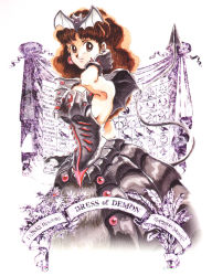 1girl akai_takami bat_hair_ornament black_dress black_gloves blush bracelet breasts brown_eyes brown_hair demon_girl demon_tail dress earrings gloves hair_ornament highres jewelry long_hair looking_at_viewer olive_oyl_(princess_maker_2) princess_maker_(series) princess_maker_2 sideboob sleeveless sleeveless_dress small_breasts smile spiked_bracelet spikes standing tail white_background